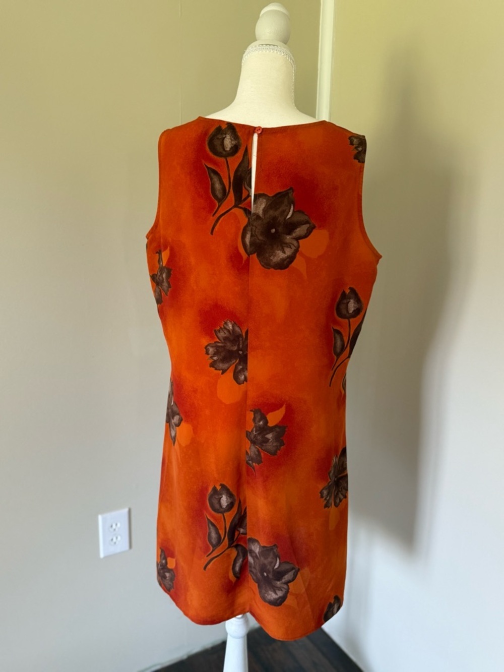 New York & Company Orange Brown Floral Mini Dress Button Slip Dress Vintage 14 - Picture 3 of 10